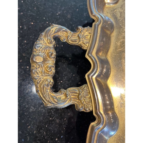 Vintage Gold Plate Butler Tray Relief Embossed Four Ornate Feet 23x13x2 Inches - Picture 10 of 11